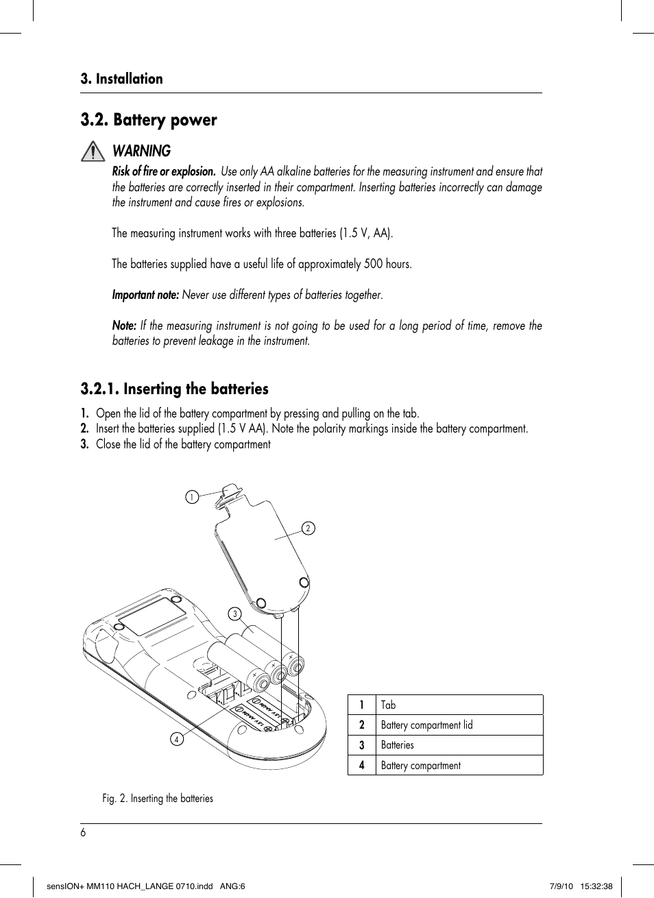 Battery power, Warning, Inserting the batteries | Installation | Hach-Lange SENSION+ MM110 User Manual | Page 10 / 74