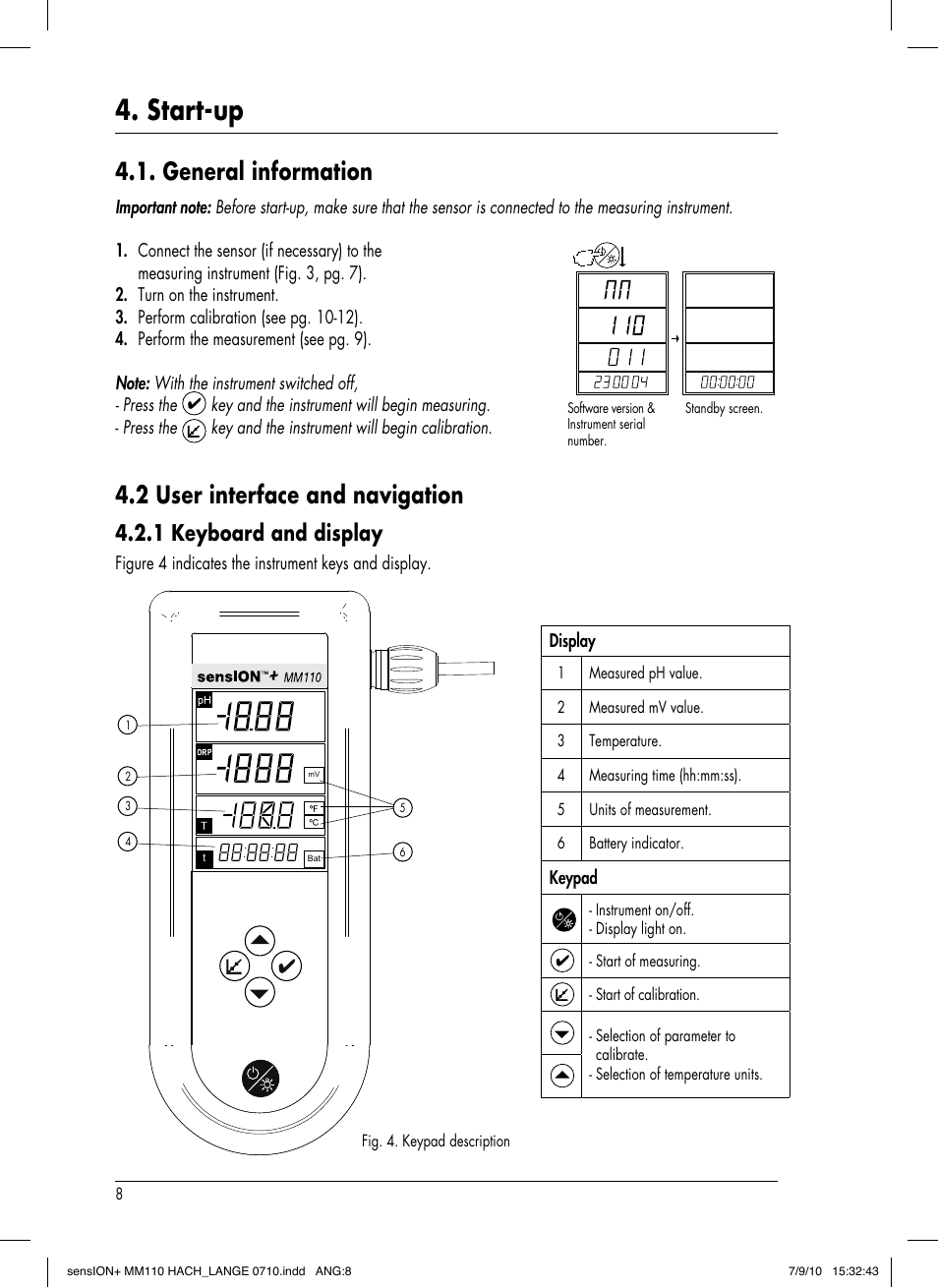 Start-up, General information, 2 user interface and navigation | 1 keyboard and display | Hach-Lange SENSION+ MM110 User Manual | Page 12 / 74