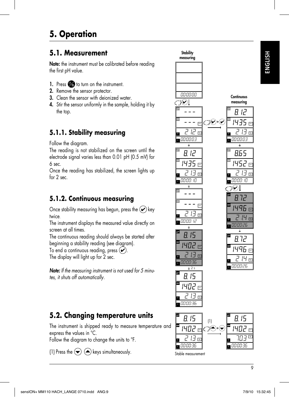 Operation, Measurement, Changing temperature units | Stability measuring, Continuous measuring, English, Once stability measuring has begun, press the, Key twice, Press the, Keys simultaneously | Hach-Lange SENSION+ MM110 User Manual | Page 13 / 74