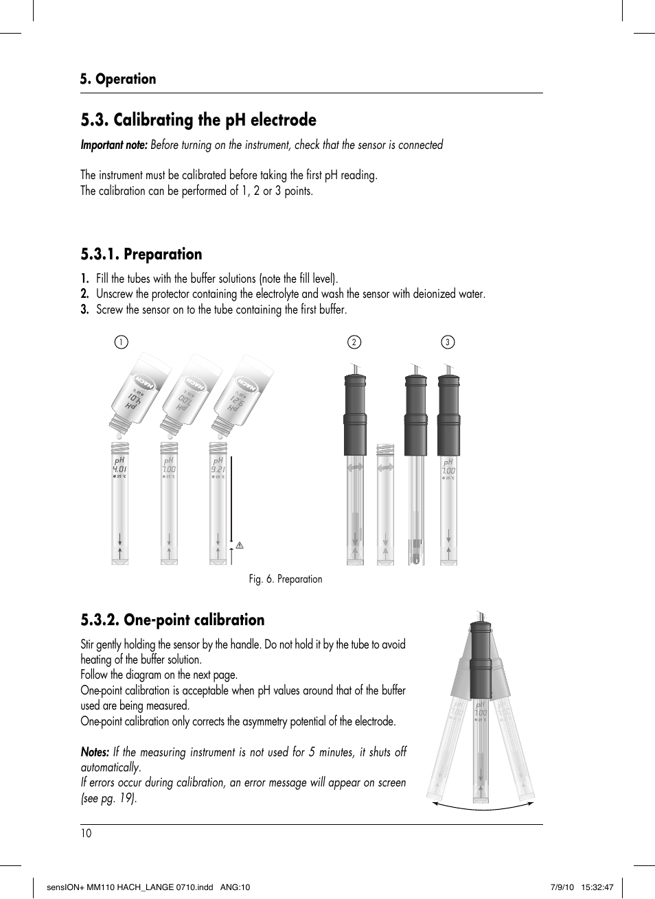 Calibrating the ph electrode, One-point calibration, Preparation | Operation, Fig. 6. preparation | Hach-Lange SENSION+ MM110 User Manual | Page 14 / 74