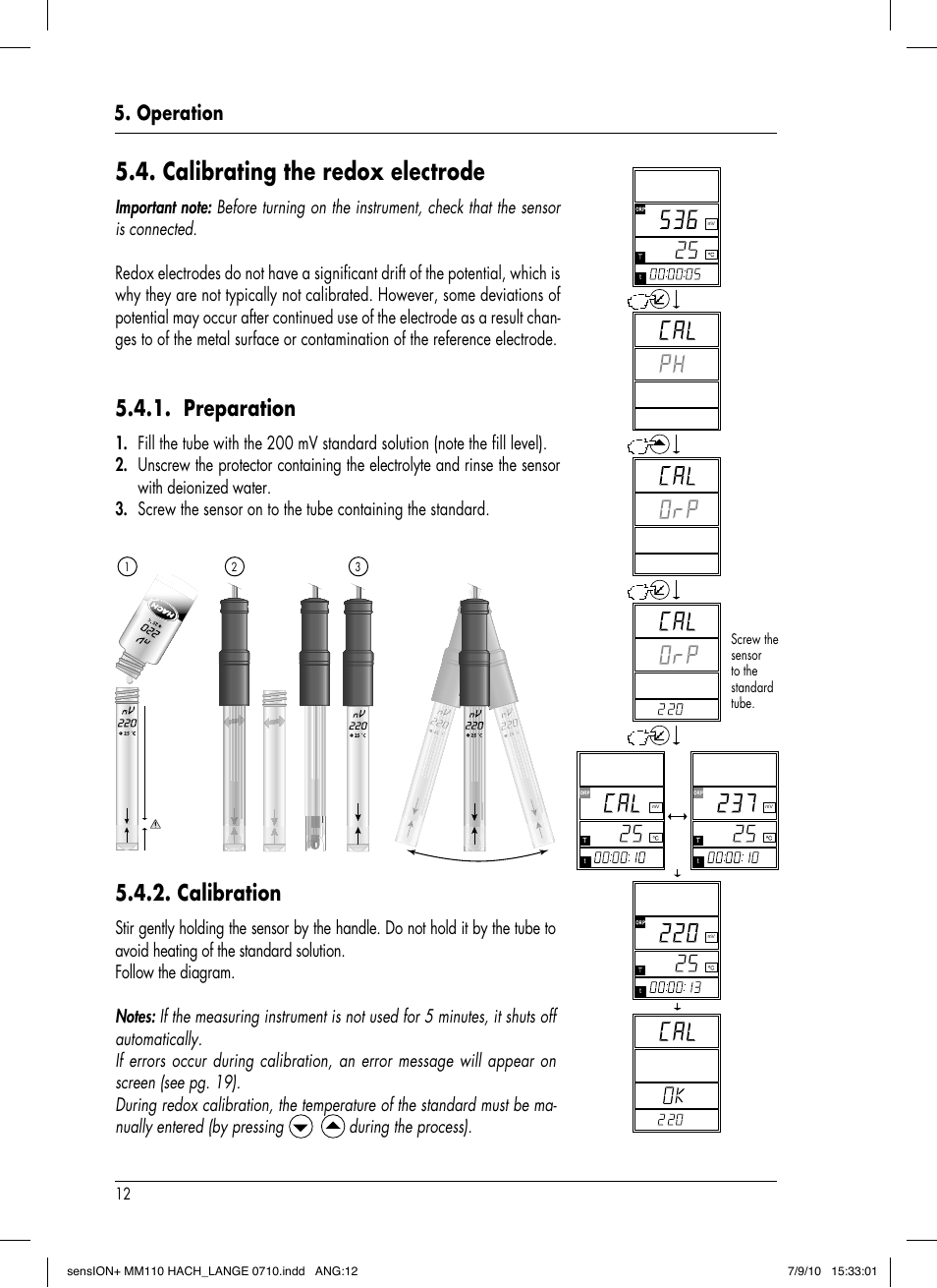 Calibrating the redox electrode, Preparation, Calibration | Operation, During the process), Screw the sensor to the standard tube | Hach-Lange SENSION+ MM110 User Manual | Page 16 / 74