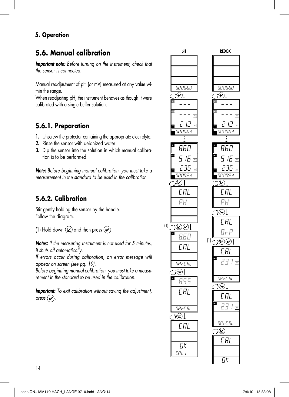 Manual calibration, Preparation, Calibration | Operation, And then press | Hach-Lange SENSION+ MM110 User Manual | Page 18 / 74