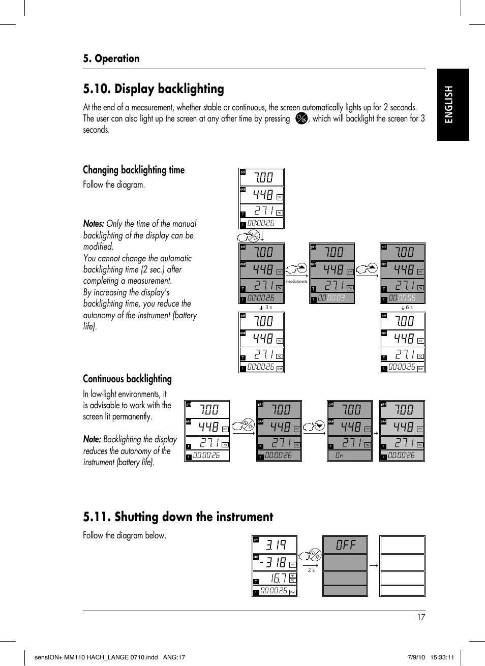 Display backlighting, Shutting down the instrument, Operation english | Changing backlighting time, Continuous backlighting, Follow the diagram below, Follow the diagram | Hach-Lange SENSION+ MM110 User Manual | Page 21 / 74