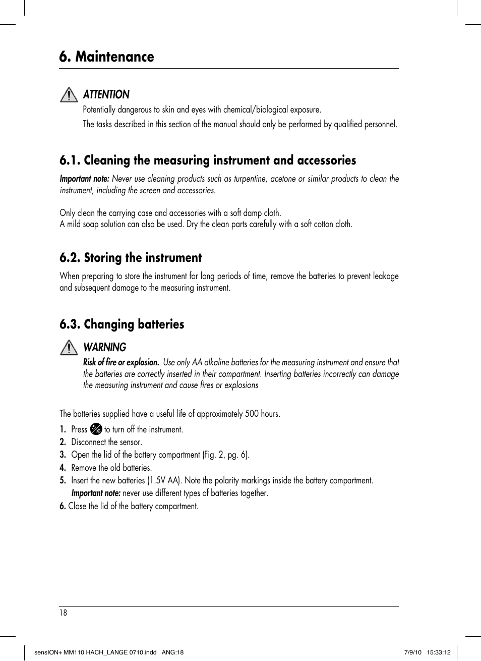 Maintenance, Cleaning the measuring instrument and accessories, Storing the instrument | Changing batteries, Attention, Warning | Hach-Lange SENSION+ MM110 User Manual | Page 22 / 74