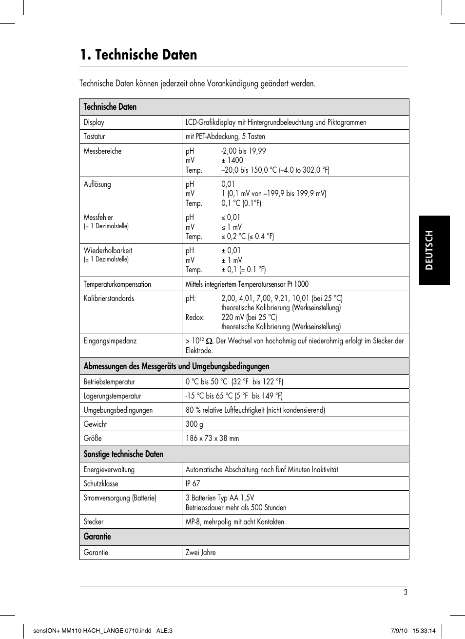 Technische daten, Deutsch | Hach-Lange SENSION+ MM110 User Manual | Page 29 / 74