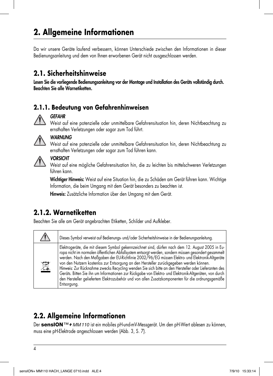 Allgemeine informationen, Sicherheitshinweise, Warnetiketten | Bedeutung von gefahrenhinweisen | Hach-Lange SENSION+ MM110 User Manual | Page 30 / 74