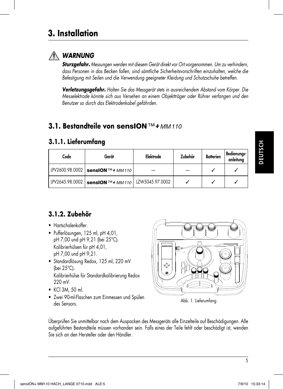 Installation, Bestandteile von sension, Lieferumfang | Warnung, Zubehör | Hach-Lange SENSION+ MM110 User Manual | Page 31 / 74