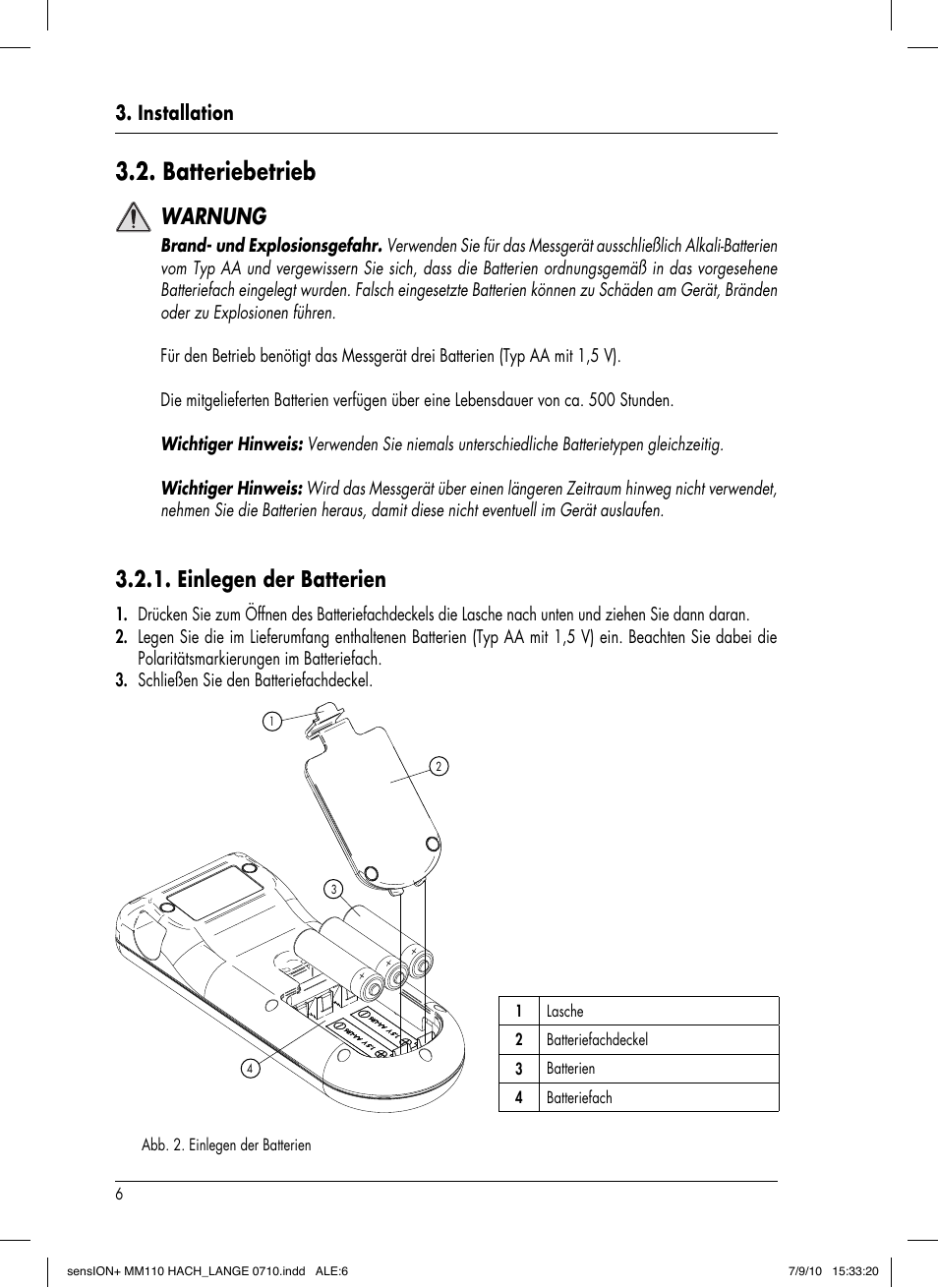 Batteriebetrieb, Warnung, Einlegen der batterien | Installation | Hach-Lange SENSION+ MM110 User Manual | Page 32 / 74