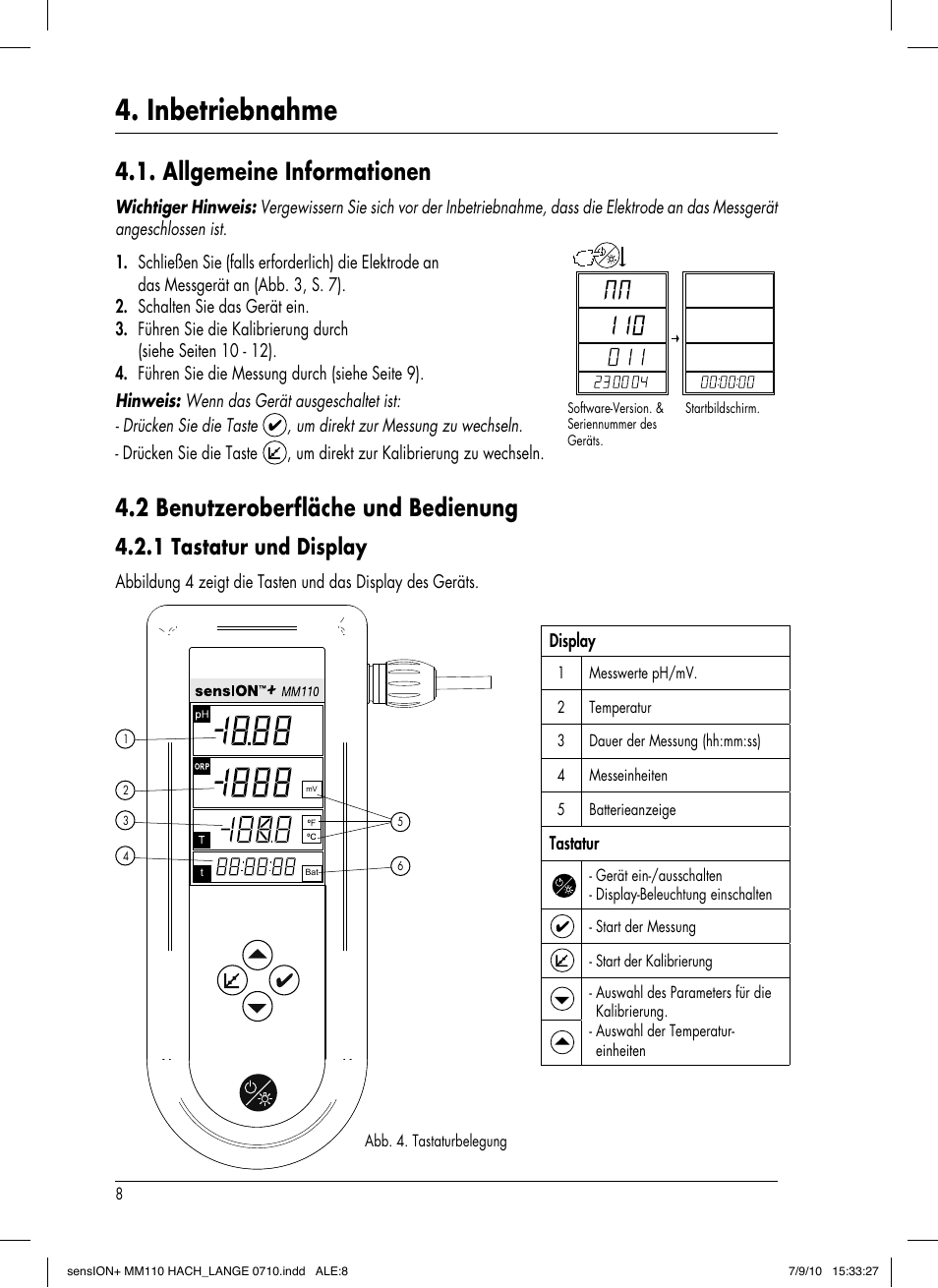 Inbetriebnahme, Allgemeine informationen, 2 benutzeroberfläche und bedienung | 1 tastatur und display | Hach-Lange SENSION+ MM110 User Manual | Page 34 / 74