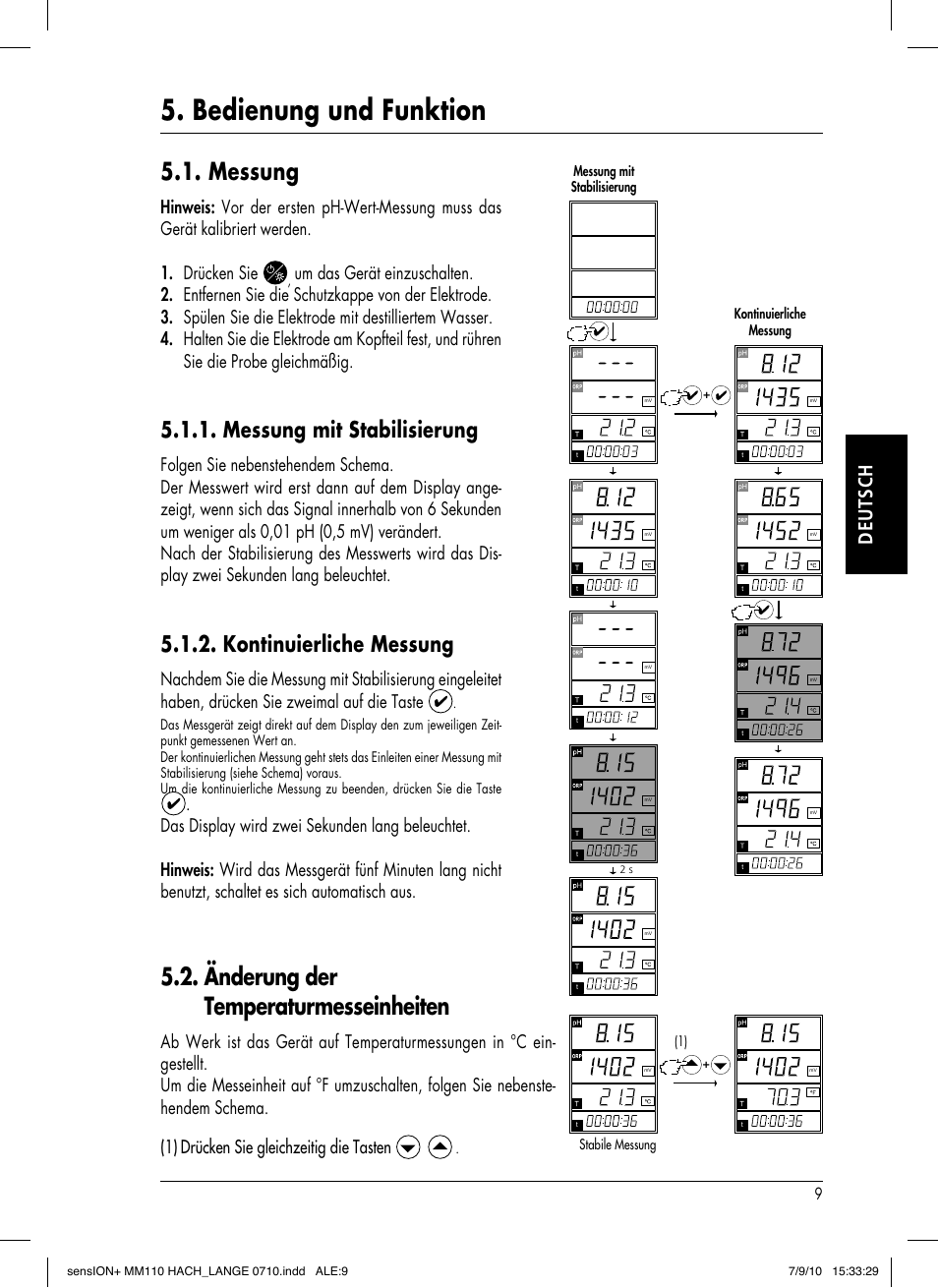 Bedienung und funktion, Änderung der temperaturmesseinheiten, Messung | Messung mit stabilisierung, Kontinuierliche messung, Deutsch, Drücken sie gleichzeitig die tasten | Hach-Lange SENSION+ MM110 User Manual | Page 35 / 74