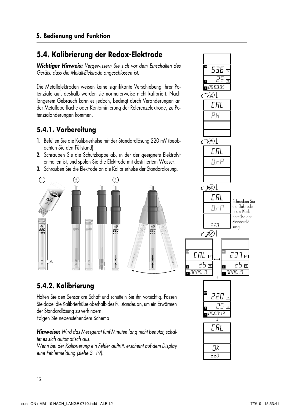 Kalibrierung der redox-elektrode, Vorbereitung, Kalibrierung | Bedienung und funktion | Hach-Lange SENSION+ MM110 User Manual | Page 38 / 74