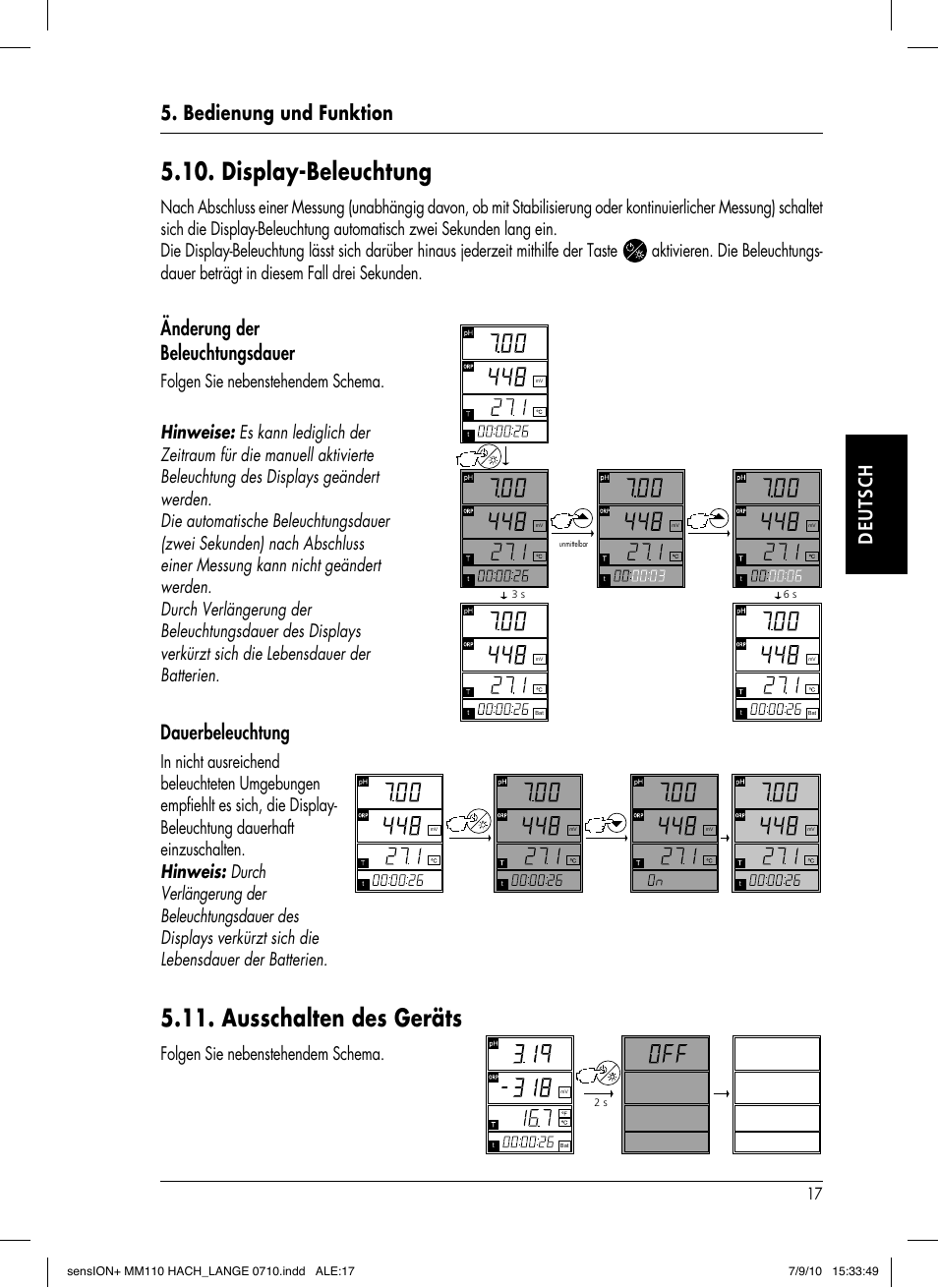 Display-beleuchtung, Ausschalten des geräts, Bedienung und funktion deutsch | Änderung der beleuchtungsdauer, Dauerbeleuchtung, Folgen sie nebenstehendem schema | Hach-Lange SENSION+ MM110 User Manual | Page 43 / 74