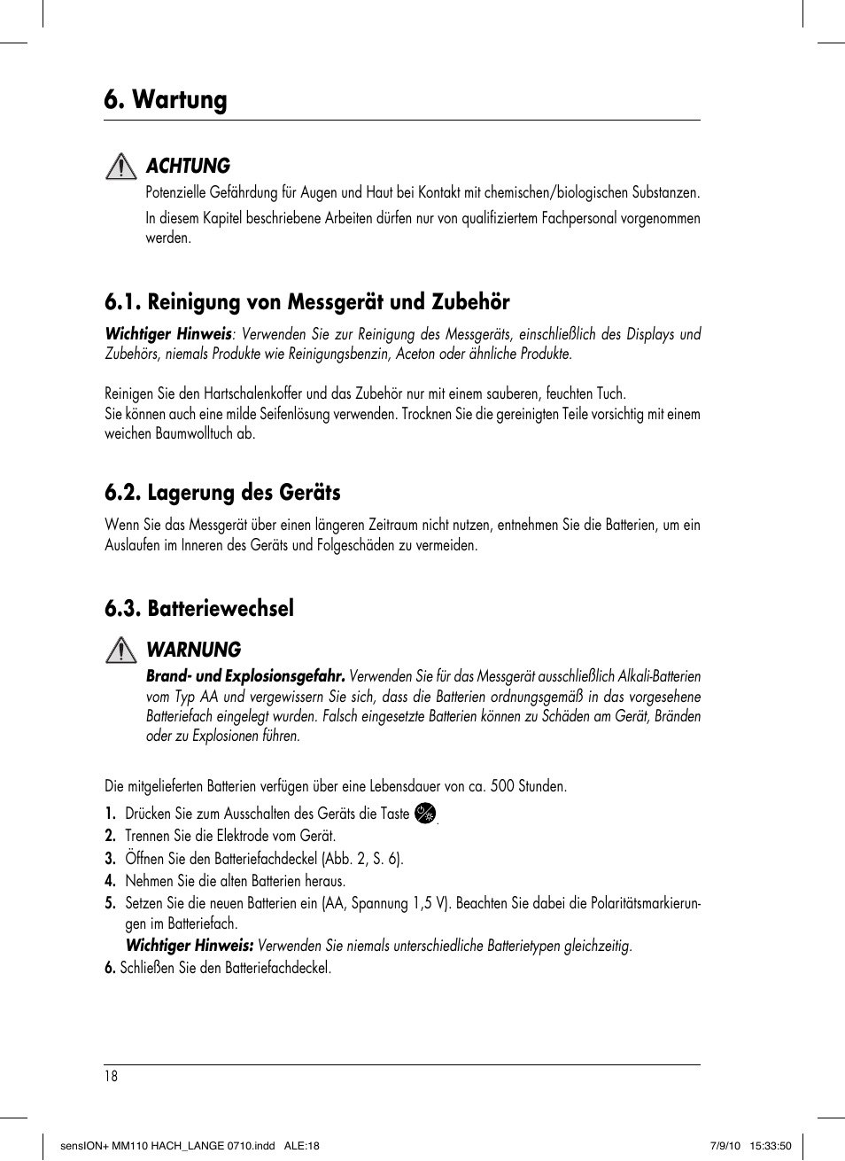 Wartung, Reinigung von messgerät und zubehör, Lagerung des geräts | Batteriewechsel, Achtung, Warnung | Hach-Lange SENSION+ MM110 User Manual | Page 44 / 74