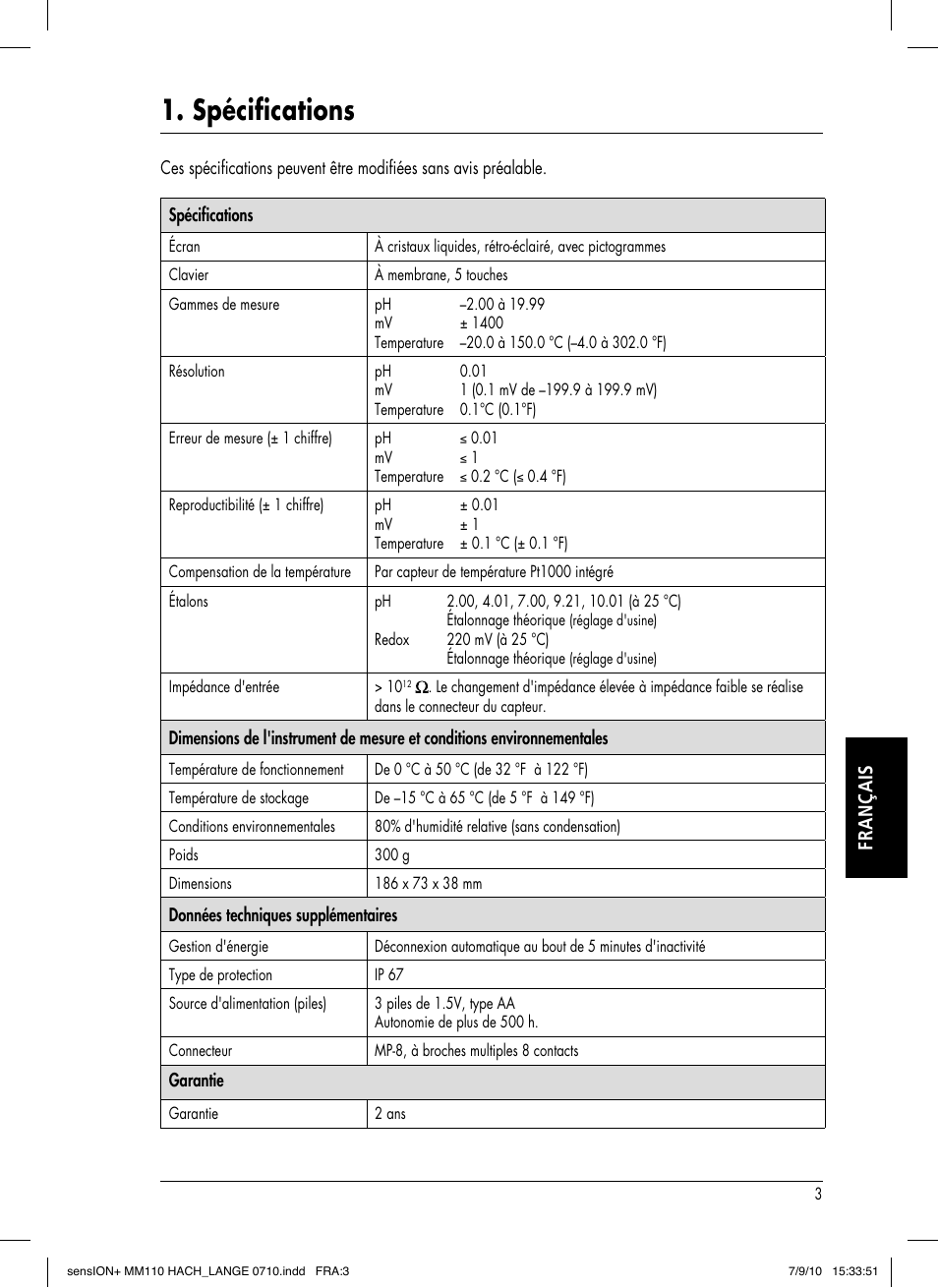 Spécifications, Français | Hach-Lange SENSION+ MM110 User Manual | Page 51 / 74