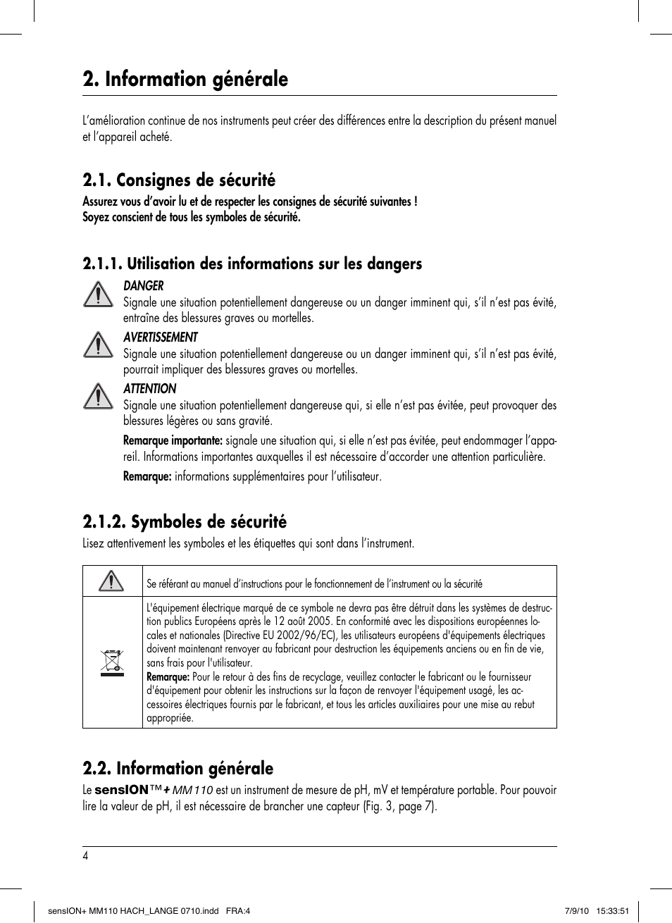 Information générale, Consignes de sécurité, Symboles de sécurité | Utilisation des informations sur les dangers | Hach-Lange SENSION+ MM110 User Manual | Page 52 / 74