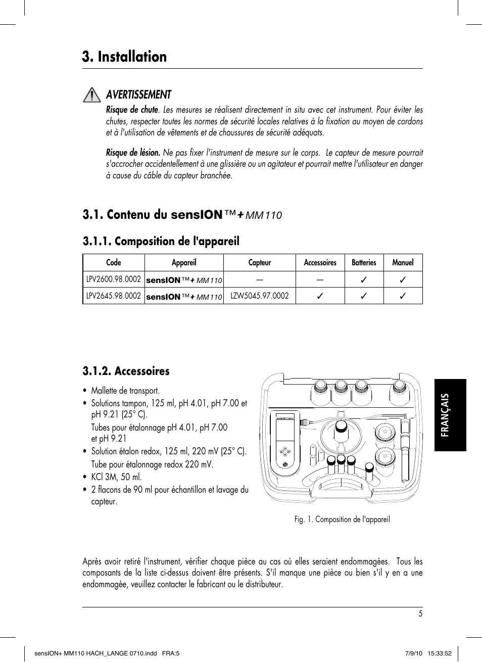 Installation, Contenu du sension, Composition de l'appareil | Avertissement, Accessoires | Hach-Lange SENSION+ MM110 User Manual | Page 53 / 74