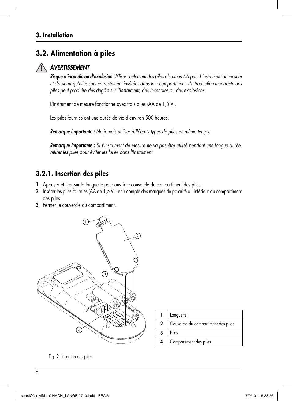 Alimentation à piles, Avertissement, Insertion des piles | Installation | Hach-Lange SENSION+ MM110 User Manual | Page 54 / 74