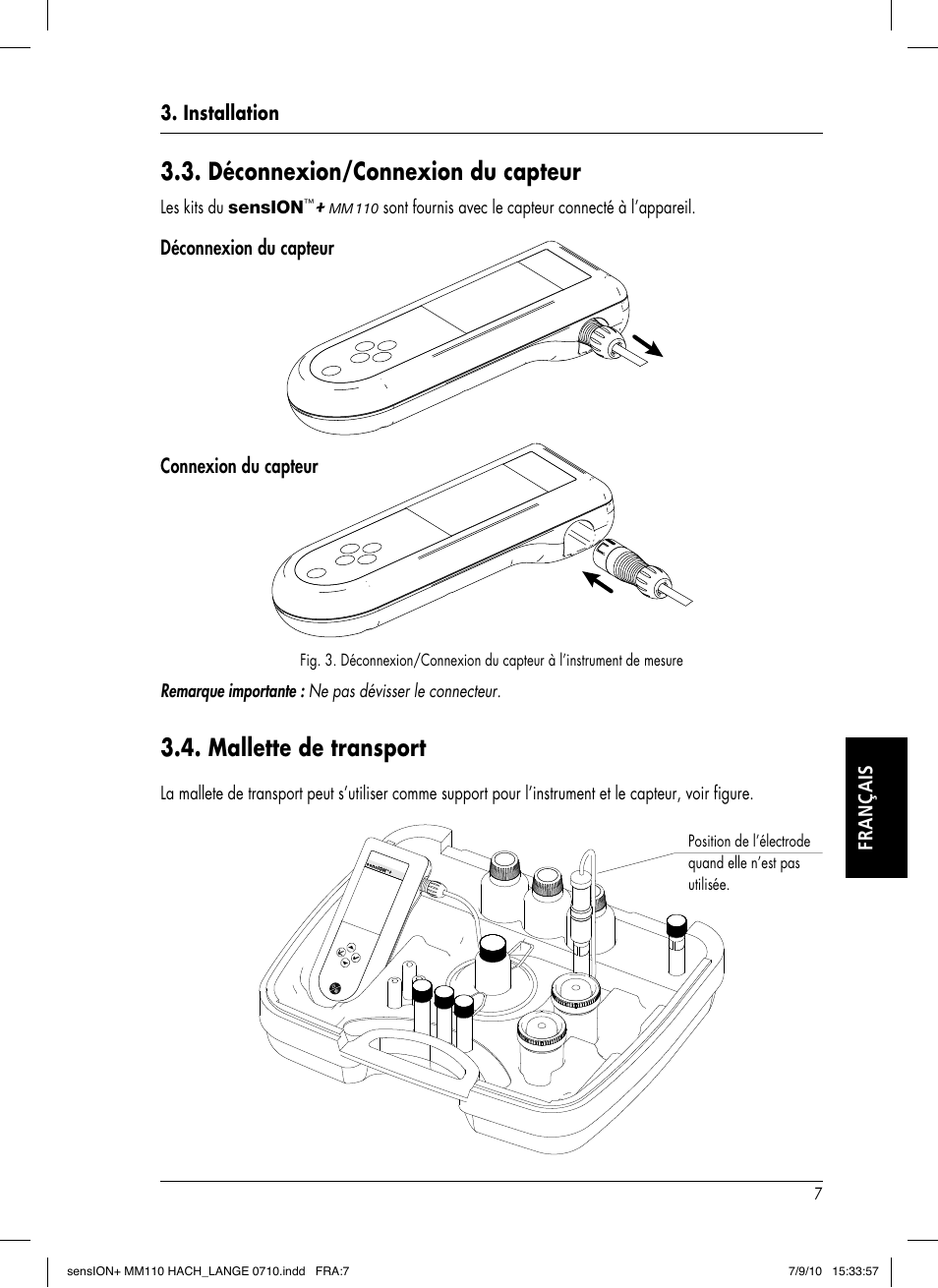 Déconnexion/connexion du capteur, Mallette de transport | Hach-Lange SENSION+ MM110 User Manual | Page 55 / 74