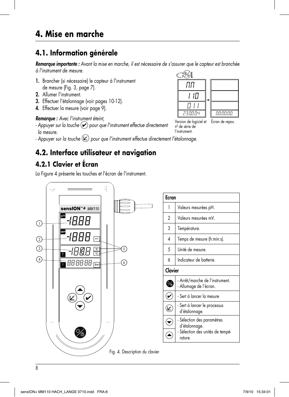 Mise en marche, Information générale, Interface utilisateur et navigation | 1 clavier et écran | Hach-Lange SENSION+ MM110 User Manual | Page 56 / 74