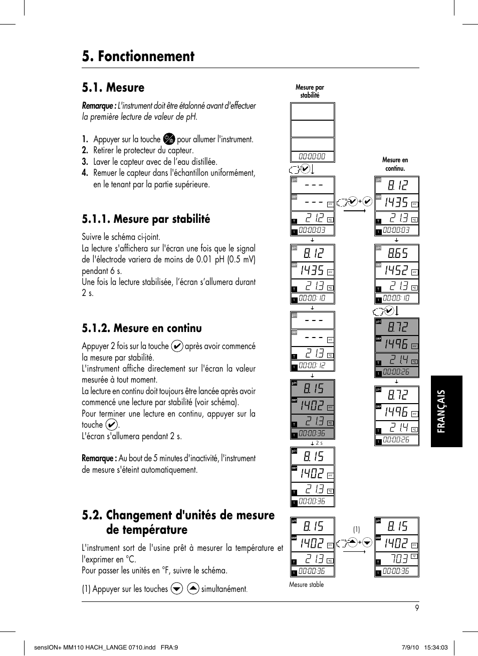 Fonctionnement, Mesure, Changement d'unités de mesure de température | Mesure par stabilité, Mesure en continu, Français, Appuyer 2 fois sur la touche, Appuyer sur les touches, Simultanément | Hach-Lange SENSION+ MM110 User Manual | Page 57 / 74