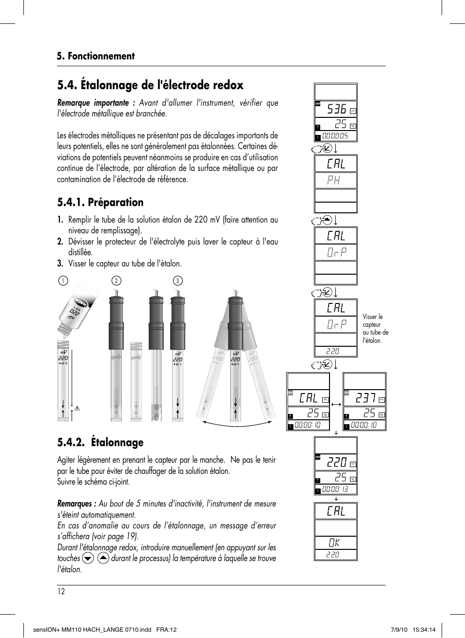 Étalonnage de l'électrode redox, Préparation, Étalonnage | Fonctionnement | Hach-Lange SENSION+ MM110 User Manual | Page 60 / 74