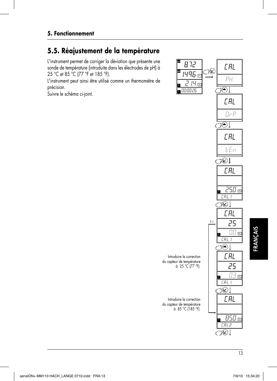 Réajustement de la température, Fonctionnement français | Hach-Lange SENSION+ MM110 User Manual | Page 61 / 74