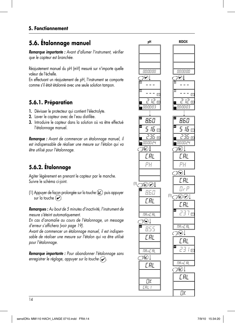 Étalonnage manuel, Préparation, Étalonnage | Fonctionnement, Appuyer de façon prolongée sur la touche, Puis appuyer sur la touche | Hach-Lange SENSION+ MM110 User Manual | Page 62 / 74