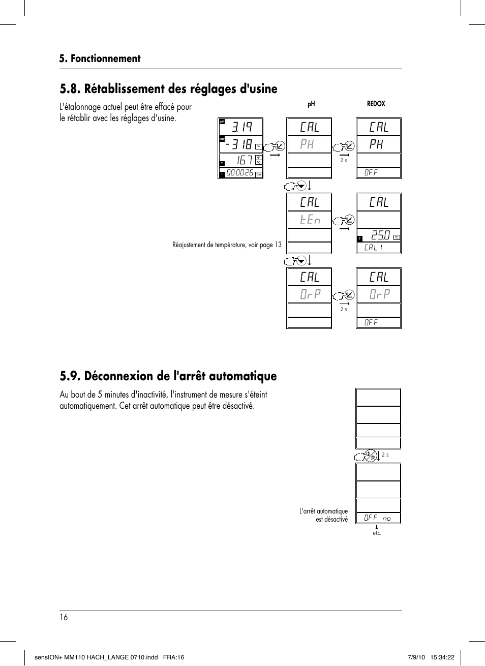 Rétablissement des réglages d'usine, Déconnexion de l'arrêt automatique, Fonctionnement | Hach-Lange SENSION+ MM110 User Manual | Page 64 / 74