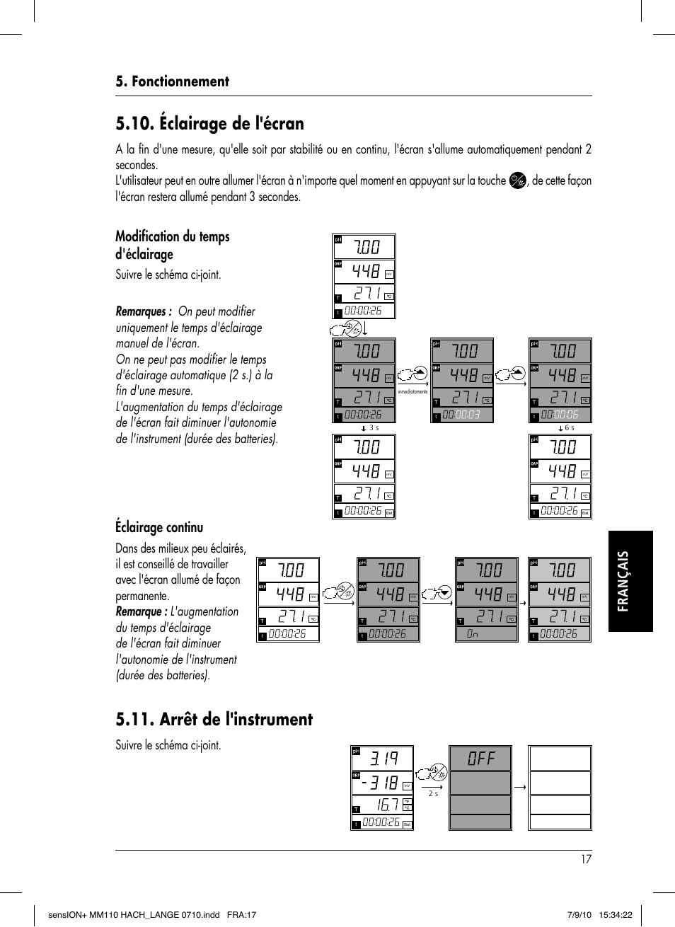 Éclairage de l'écran, Arrêt de l'instrument, Fonctionnement français | Modification du temps d'éclairage, Éclairage continu, Suivre le schéma ci-joint | Hach-Lange SENSION+ MM110 User Manual | Page 65 / 74