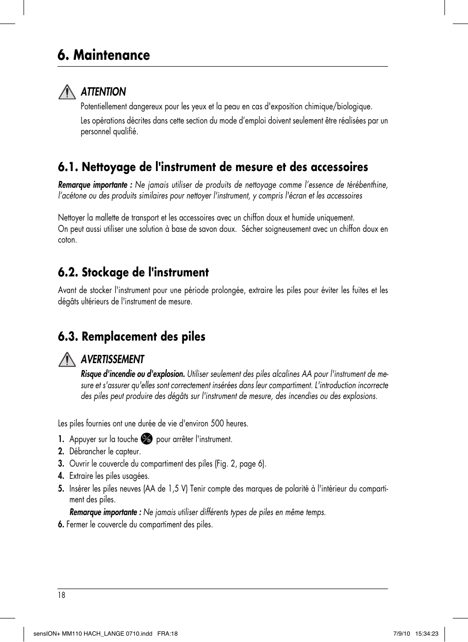 Maintenance, Stockage de l'instrument, Remplacement des piles | Attention, Avertissement | Hach-Lange SENSION+ MM110 User Manual | Page 66 / 74