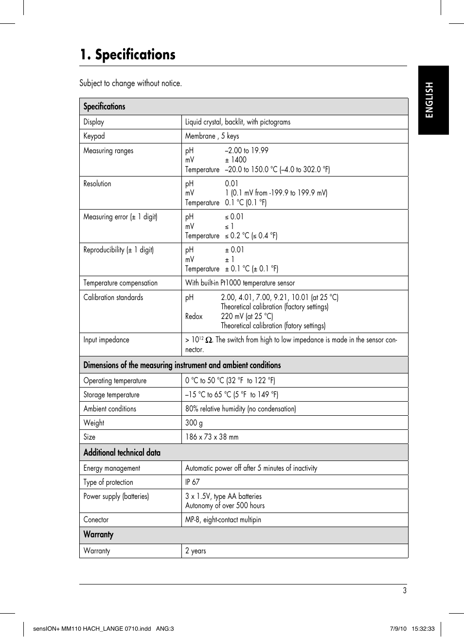 Specifications, English | Hach-Lange SENSION+ MM110 User Manual | Page 7 / 74