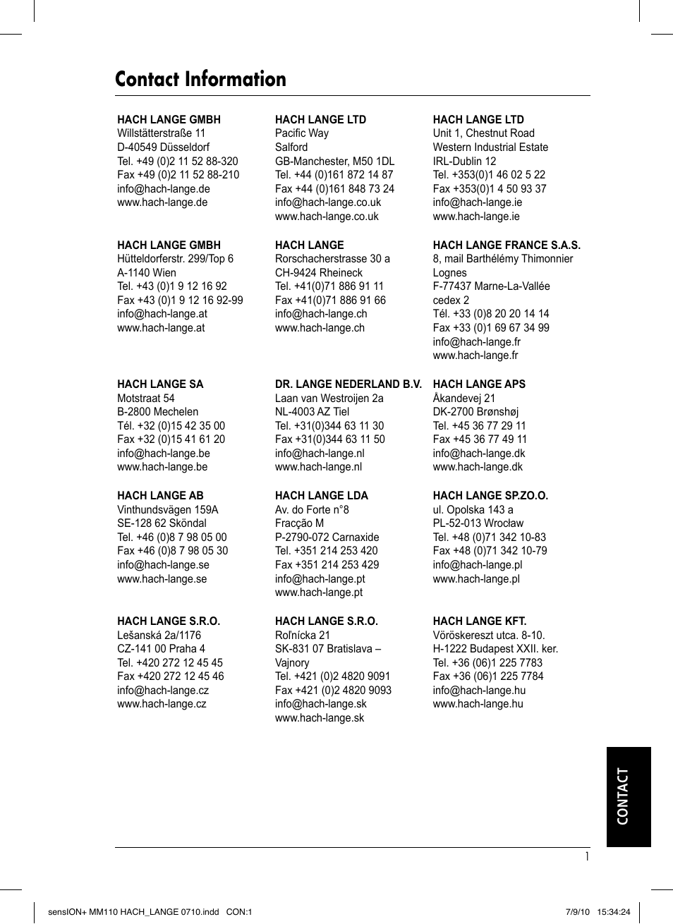 Contact information, Cont act | Hach-Lange SENSION+ MM110 User Manual | Page 71 / 74