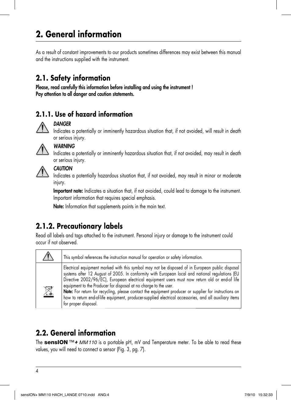 General information, Safety information, Precautionary labels | Use of hazard information | Hach-Lange SENSION+ MM110 User Manual | Page 8 / 74