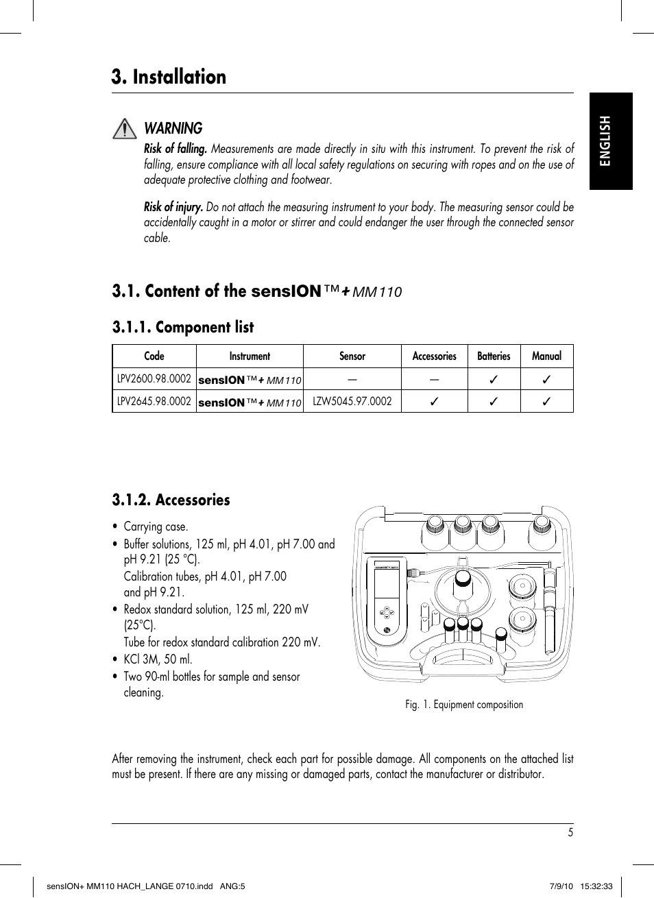 Installation, Content of the sension, Component list | Warning, Accessories | Hach-Lange SENSION+ MM110 User Manual | Page 9 / 74