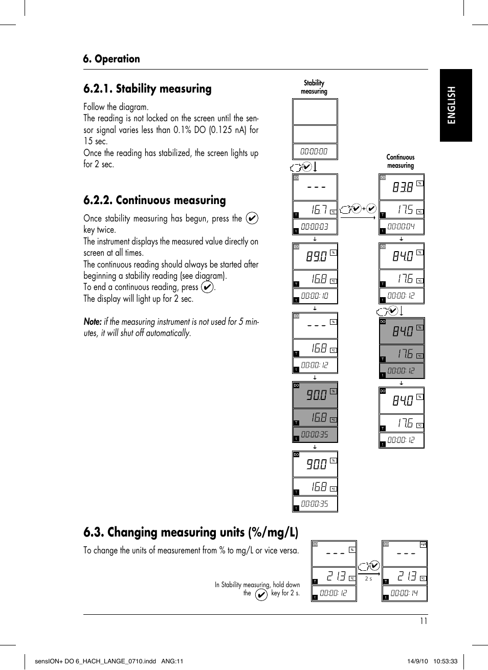 Changing measuring units (%/mg/l), Stability measuring, Continuous measuring | Operation english | Hach-Lange SENSION+ DO6 User Manual | Page 15 / 74