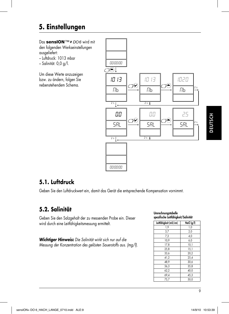 Einstellungen, Luftdruck, Salinität | Deutsch, Das sension | Hach-Lange SENSION+ DO6 User Manual | Page 35 / 74