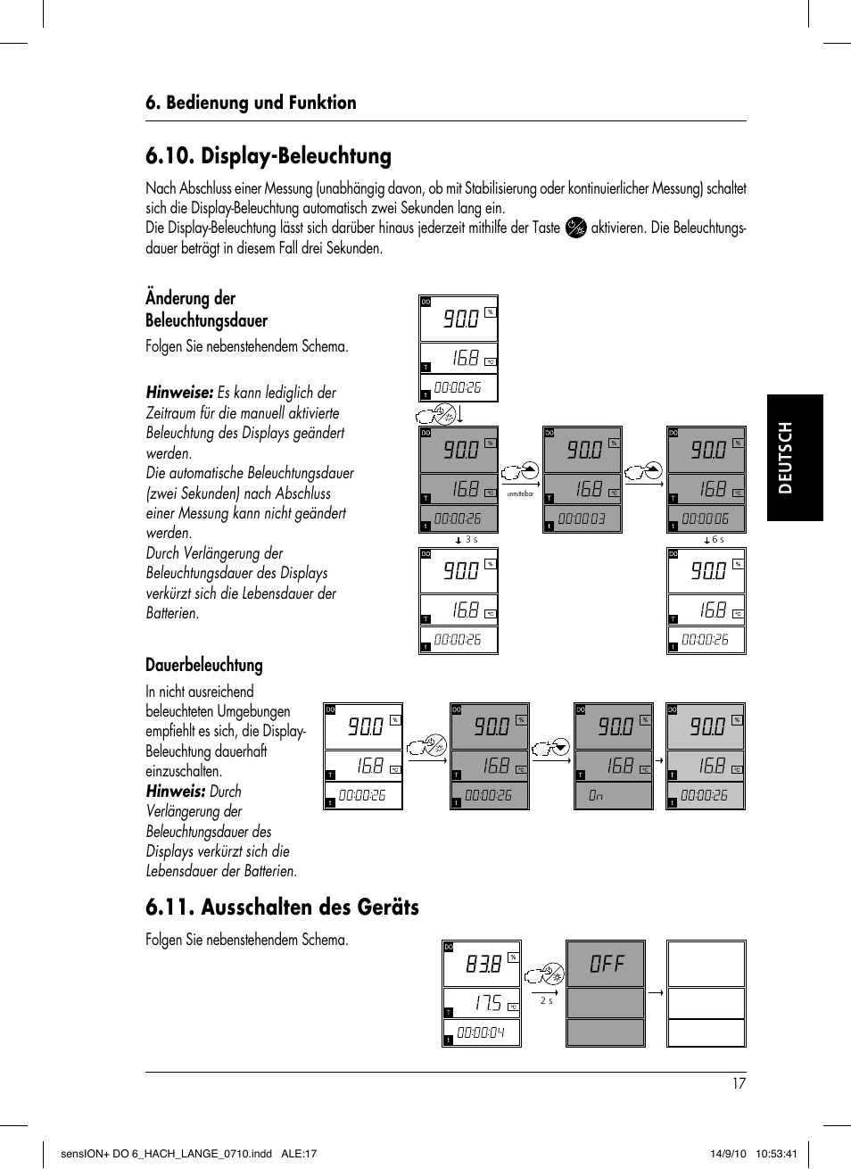 Display-beleuchtung, Ausschalten des geräts, Bedienung und funktion deutsch | Änderung der beleuchtungsdauer, Dauerbeleuchtung | Hach-Lange SENSION+ DO6 User Manual | Page 43 / 74