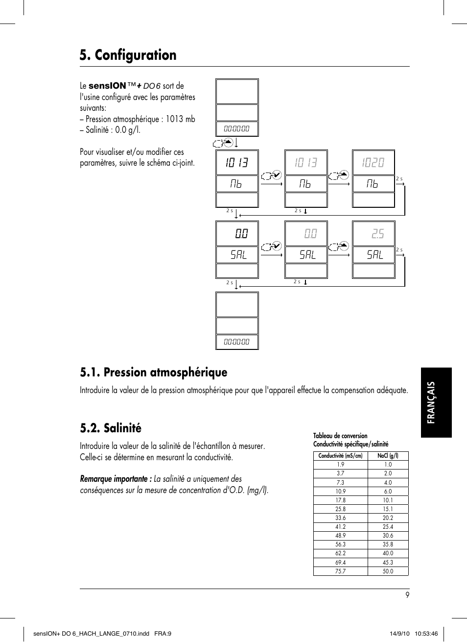 Configuration, Pression atmosphérique, Salinité | Français, Le sension | Hach-Lange SENSION+ DO6 User Manual | Page 57 / 74