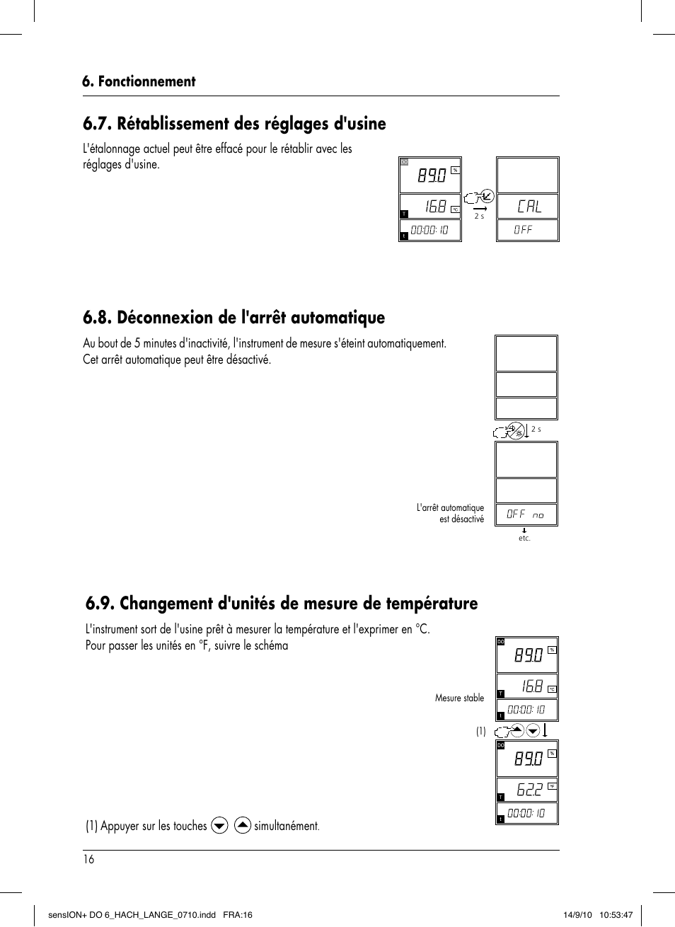 Rétablissement des réglages d'usine, Changement d'unités de mesure de température, Déconnexion de l'arrêt automatique | Fonctionnement | Hach-Lange SENSION+ DO6 User Manual | Page 64 / 74