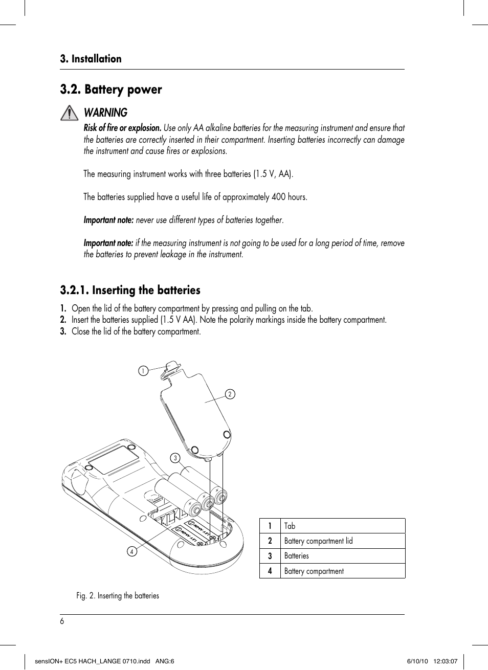 Battery power, Warning, Inserting the batteries | Installation | Hach-Lange SENSION+ EC5 User Manual | Page 10 / 74