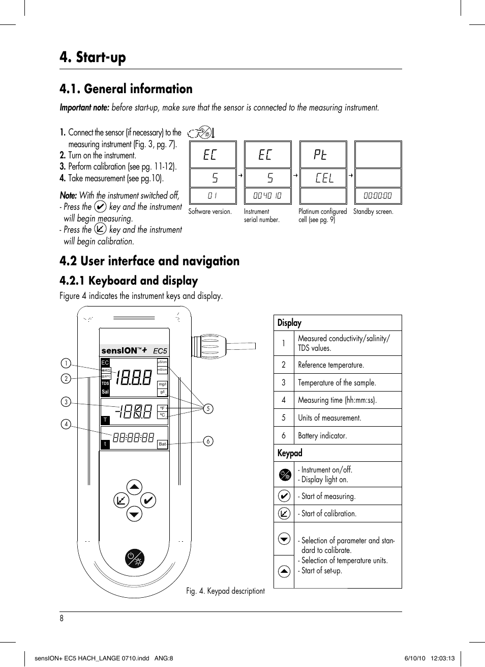 Start-up, General information, 2 user interface and navigation | 1 keyboard and display, Display, Keypad | Hach-Lange SENSION+ EC5 User Manual | Page 12 / 74