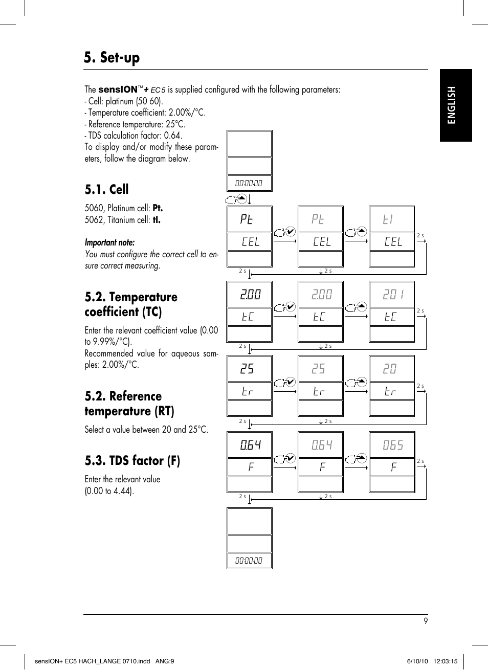 Set-up, Cell, Temperature coefficient (tc) | Reference temperature (rt), Tds factor (f), English | Hach-Lange SENSION+ EC5 User Manual | Page 13 / 74
