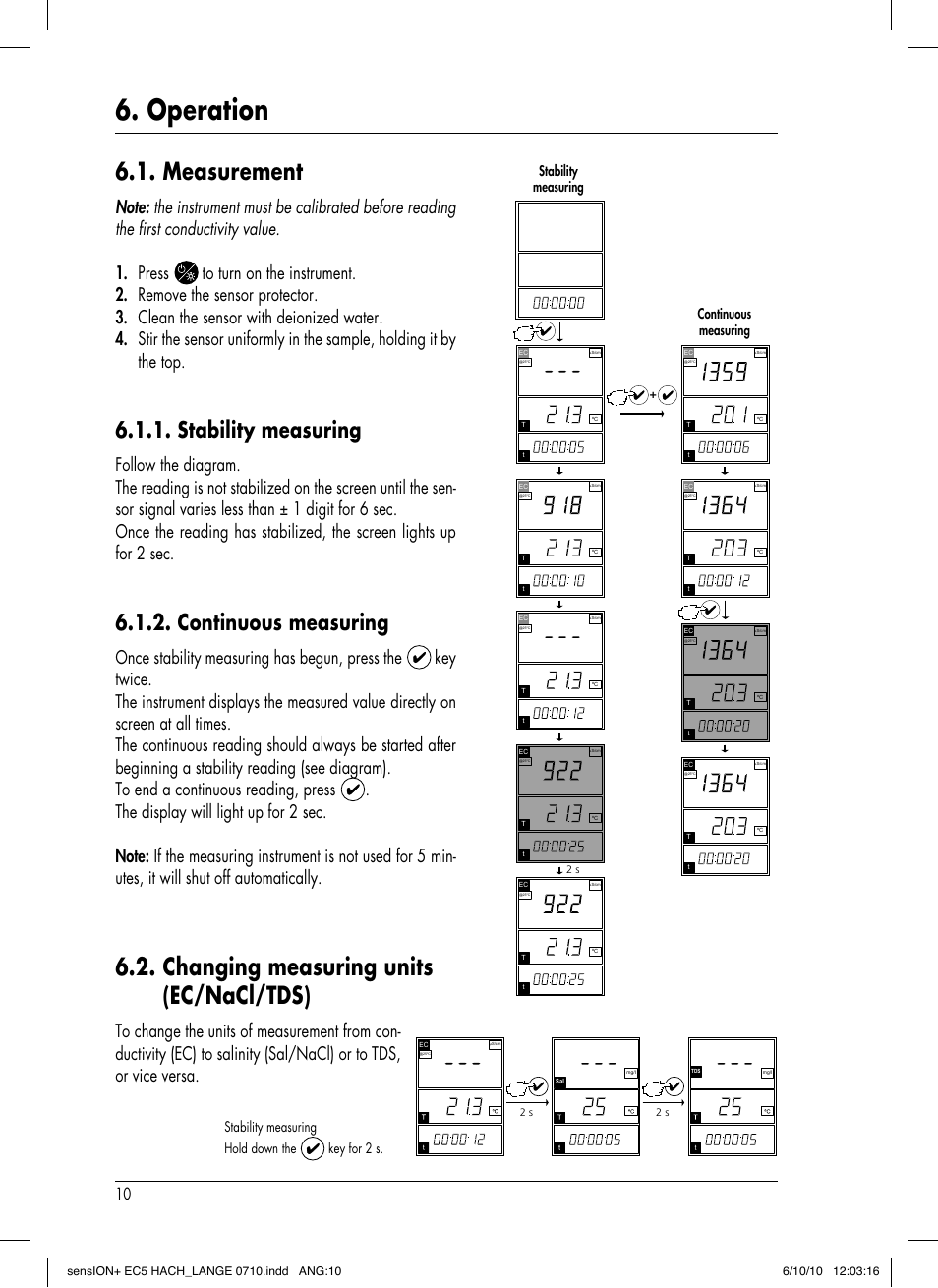 Operation, Measurement, Changing measuring units (ec/nacl/tds) | Stability measuring, Continuous measuring, Once stability measuring has begun, press the, Key twice, Stability measuring continuous measuring, Stability measuring hold down the key for 2 s | Hach-Lange SENSION+ EC5 User Manual | Page 14 / 74