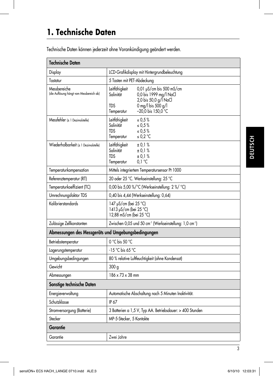 Technische daten, Deutsch | Hach-Lange SENSION+ EC5 User Manual | Page 29 / 74