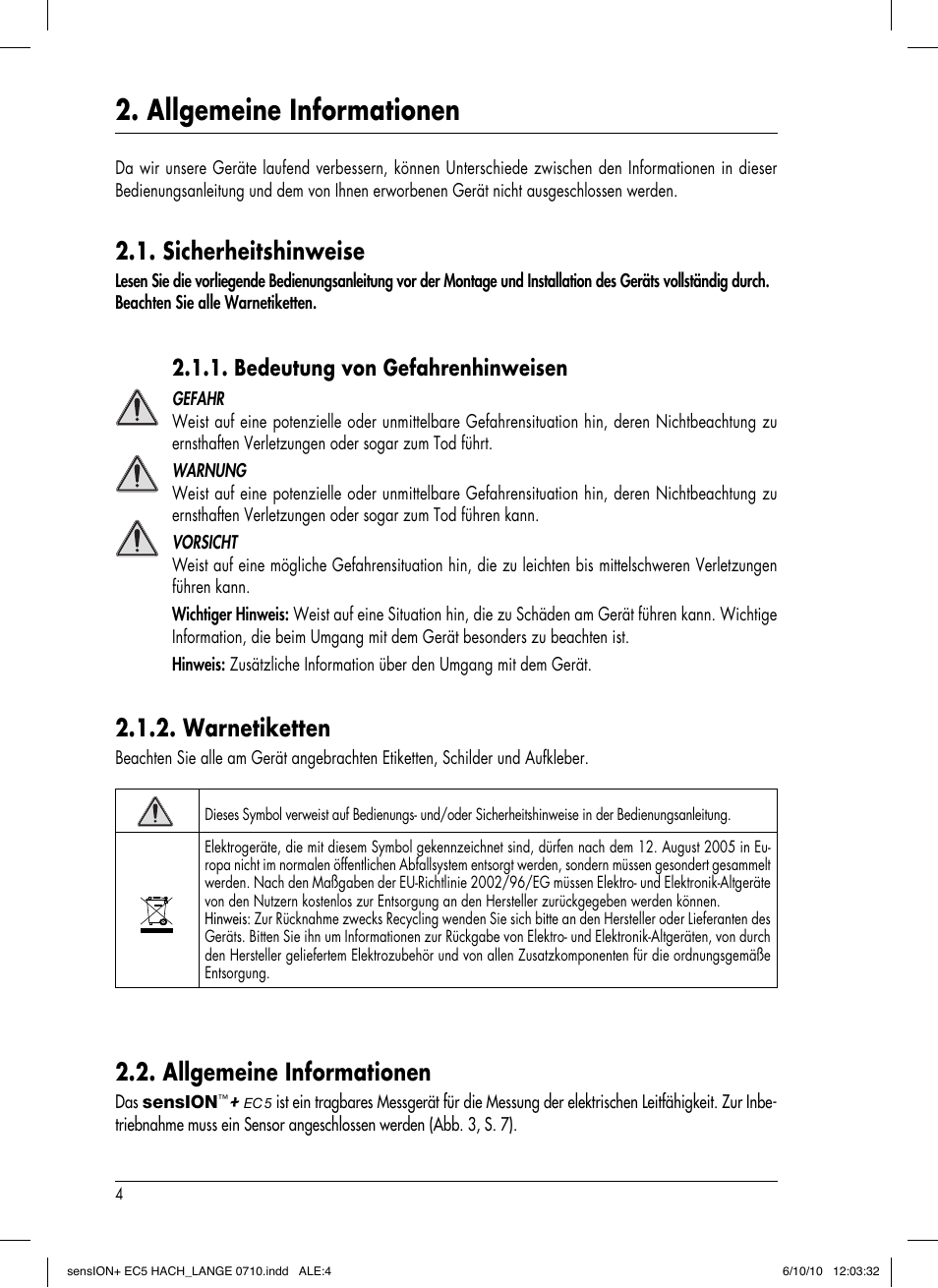 Allgemeine informationen, Sicherheitshinweise, Warnetiketten | Bedeutung von gefahrenhinweisen | Hach-Lange SENSION+ EC5 User Manual | Page 30 / 74