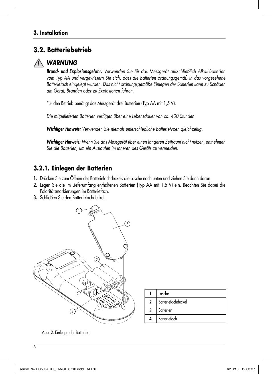 Batteriebetrieb, Warnung, Einlegen der batterien | Installation | Hach-Lange SENSION+ EC5 User Manual | Page 32 / 74
