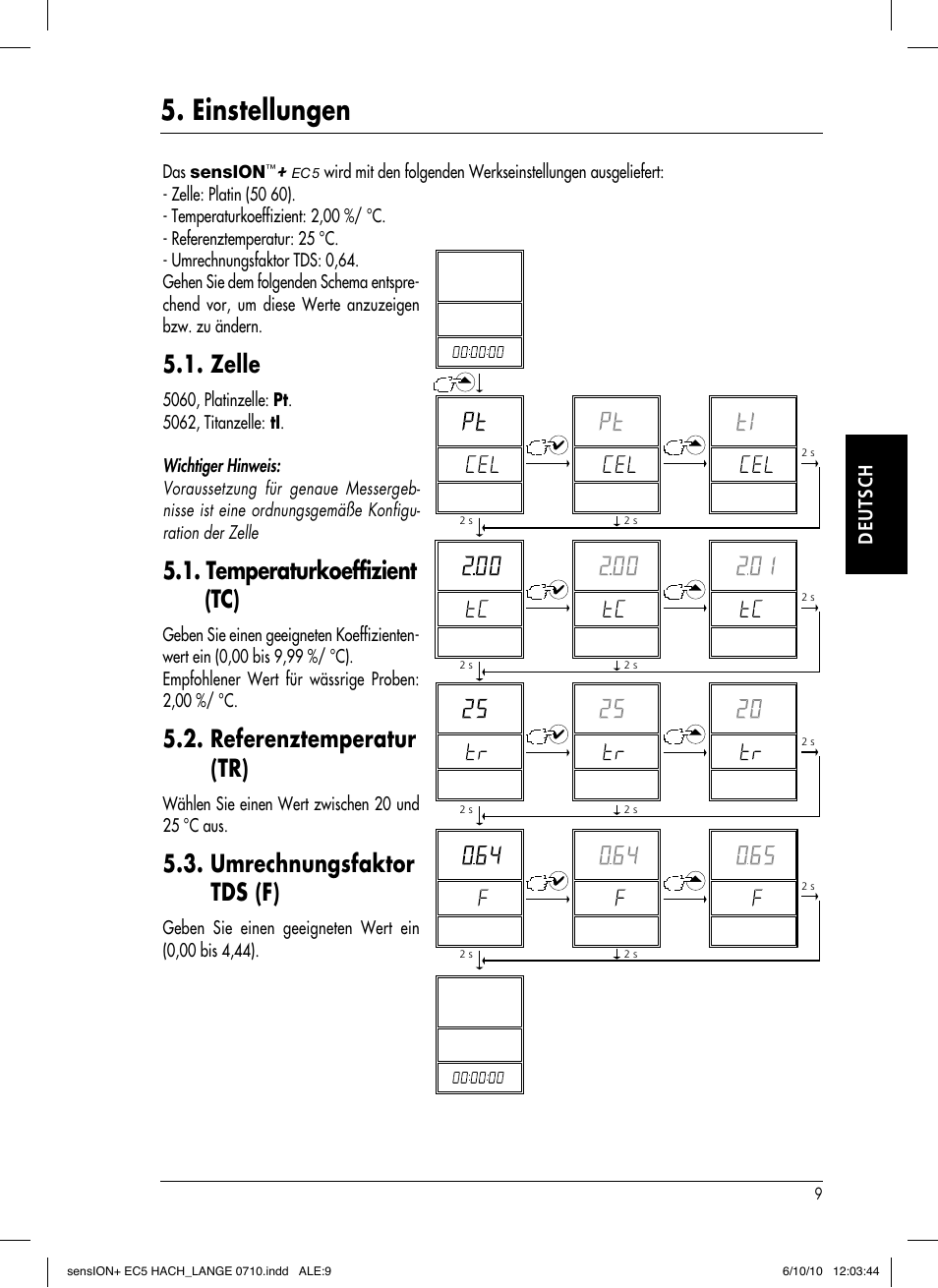 Einstellungen, Zelle, Temperaturkoeffizient (tc) | Referenztemperatur (tr), Umrechnungsfaktor tds (f), Deutsch | Hach-Lange SENSION+ EC5 User Manual | Page 35 / 74