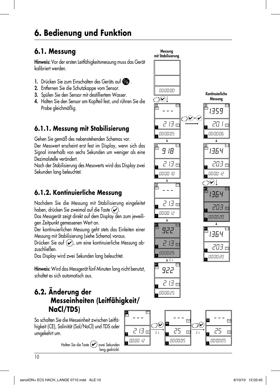 Bedienung und funktion, Messung, Messung mit stabilisierung | Kontinuierliche messung | Hach-Lange SENSION+ EC5 User Manual | Page 36 / 74