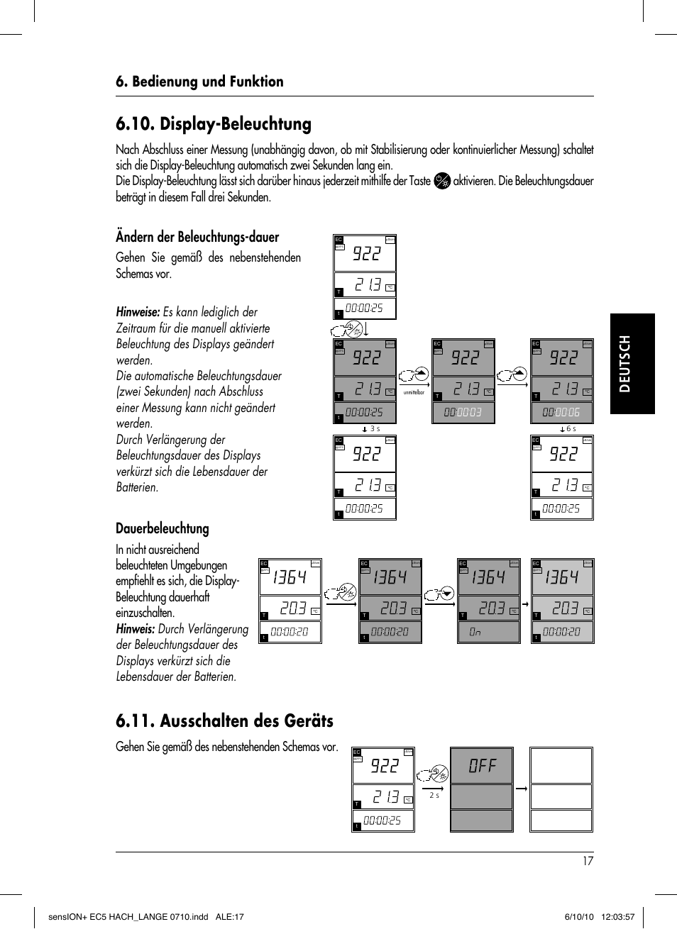Display-beleuchtung, Ausschalten des geräts, Bedienung und funktion deutsch | Ändern der beleuchtungs-dauer, Dauerbeleuchtung, Gehen sie gemäß des nebenstehenden schemas vor | Hach-Lange SENSION+ EC5 User Manual | Page 43 / 74