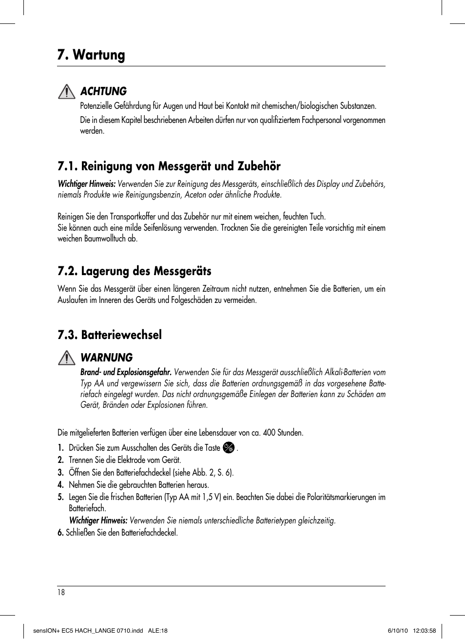 Wartung, Reinigung von messgerät und zubehör, Lagerung des messgeräts | Batteriewechsel, Achtung, Warnung | Hach-Lange SENSION+ EC5 User Manual | Page 44 / 74